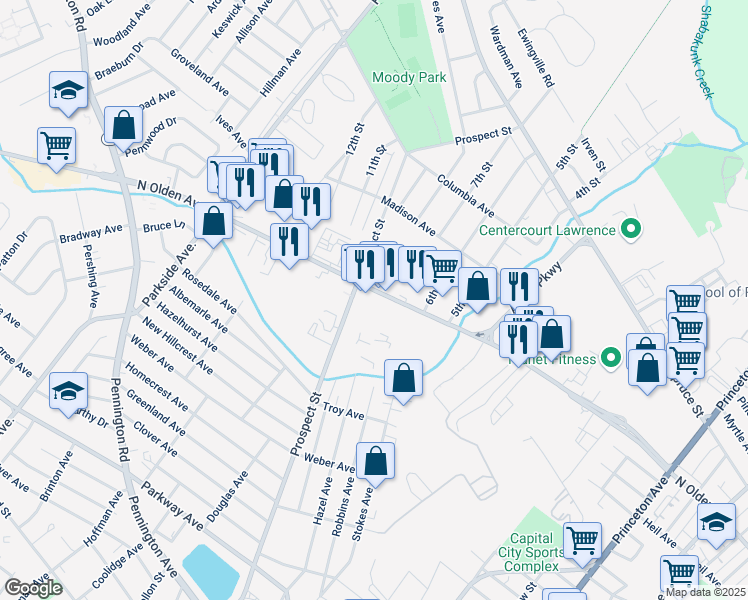 map of restaurants, bars, coffee shops, grocery stores, and more near 1683 North Olden Avenue in Ewing Township