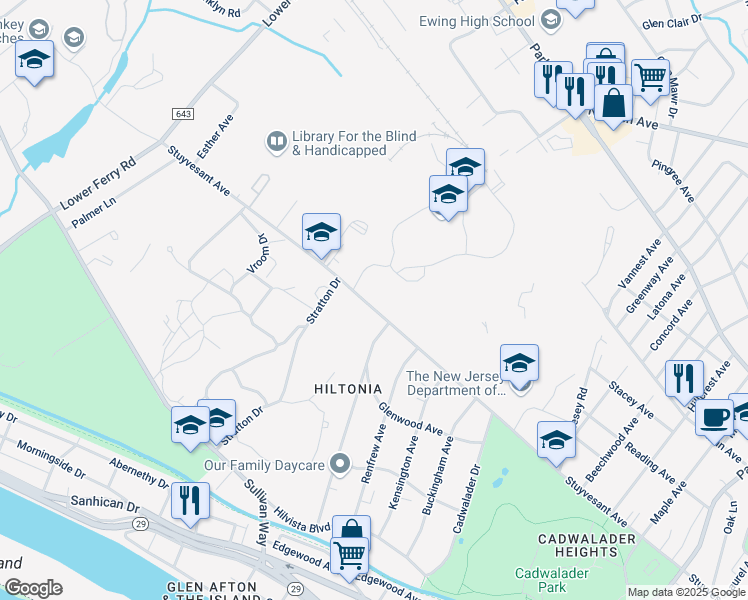 map of restaurants, bars, coffee shops, grocery stores, and more near 1528 Stuyvesant Avenue in Ewing Township