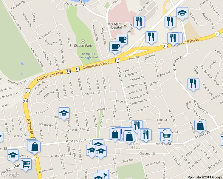 map of restaurants, bars, coffee shops, grocery stores, and more near 2324 Lincoln Street in Camp Hill