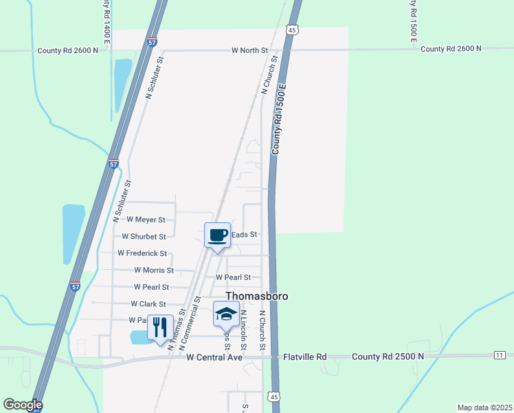 map of restaurants, bars, coffee shops, grocery stores, and more near 715 North Church Street in Thomasboro