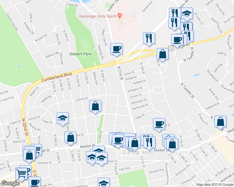 map of restaurants, bars, coffee shops, grocery stores, and more near 2300 Lincoln Street in Camp Hill