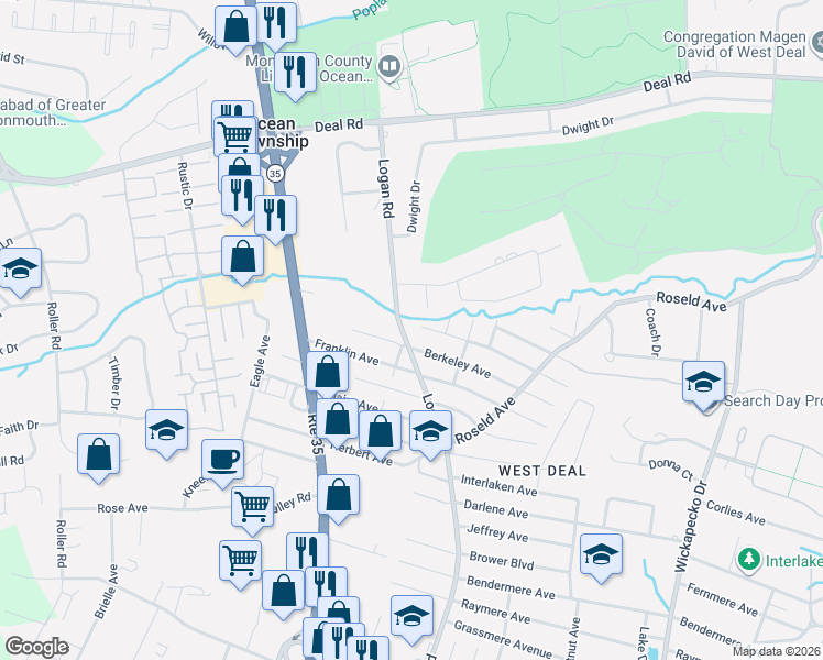 map of restaurants, bars, coffee shops, grocery stores, and more near 2800 Logan Road in Ocean Township