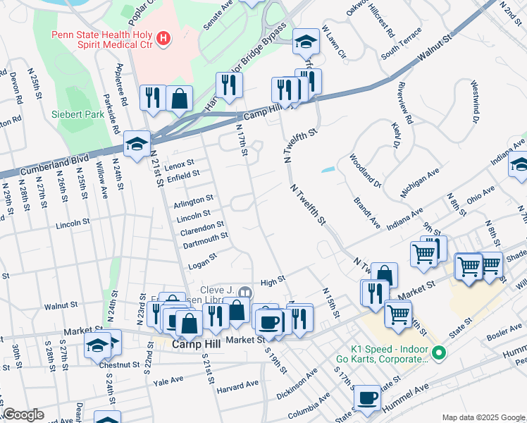 map of restaurants, bars, coffee shops, grocery stores, and more near 303 North 17th Street in Camp Hill