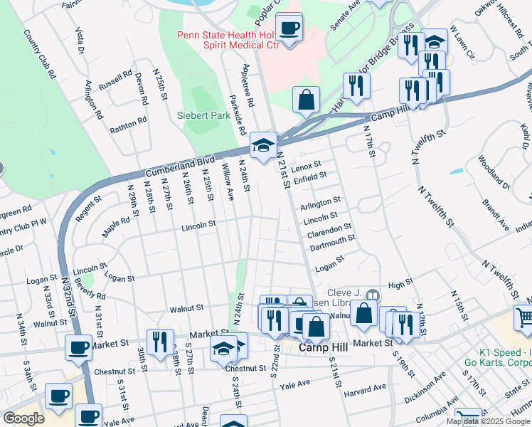 map of restaurants, bars, coffee shops, grocery stores, and more near 2324 Lincoln Street in Camp Hill