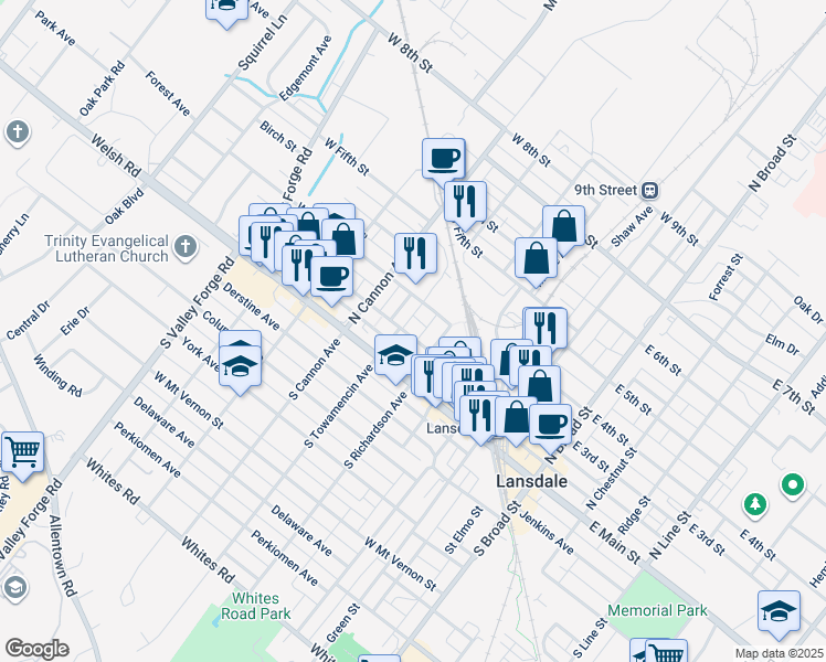 map of restaurants, bars, coffee shops, grocery stores, and more near 527 West 2nd Street in Lansdale