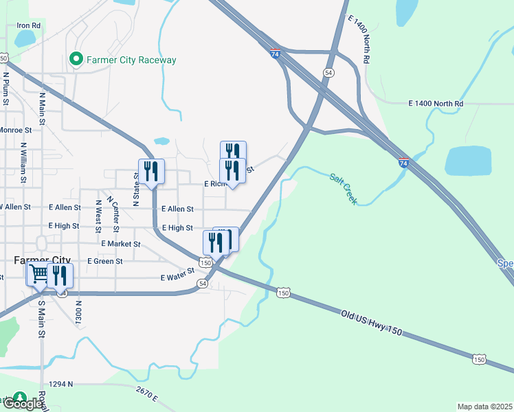 map of restaurants, bars, coffee shops, grocery stores, and more near E Clinton Ave in Farmer City