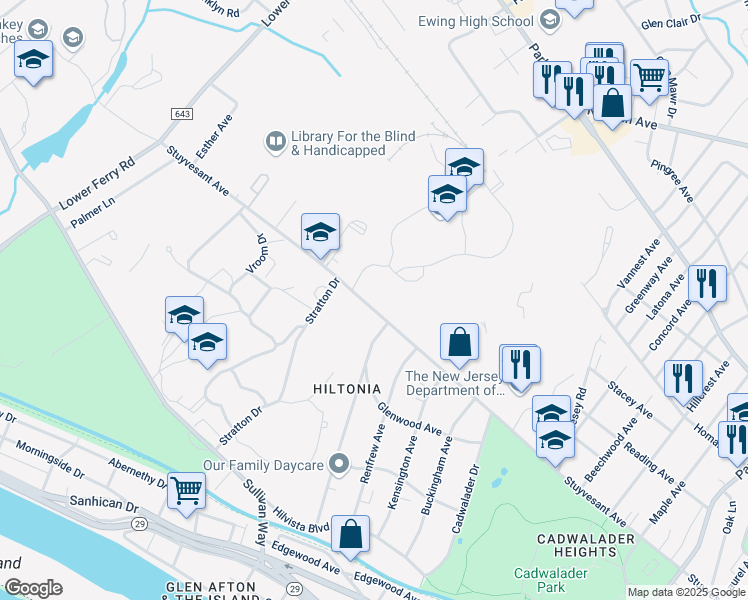 map of restaurants, bars, coffee shops, grocery stores, and more near 1528 Stuyvesant Avenue in Ewing Township