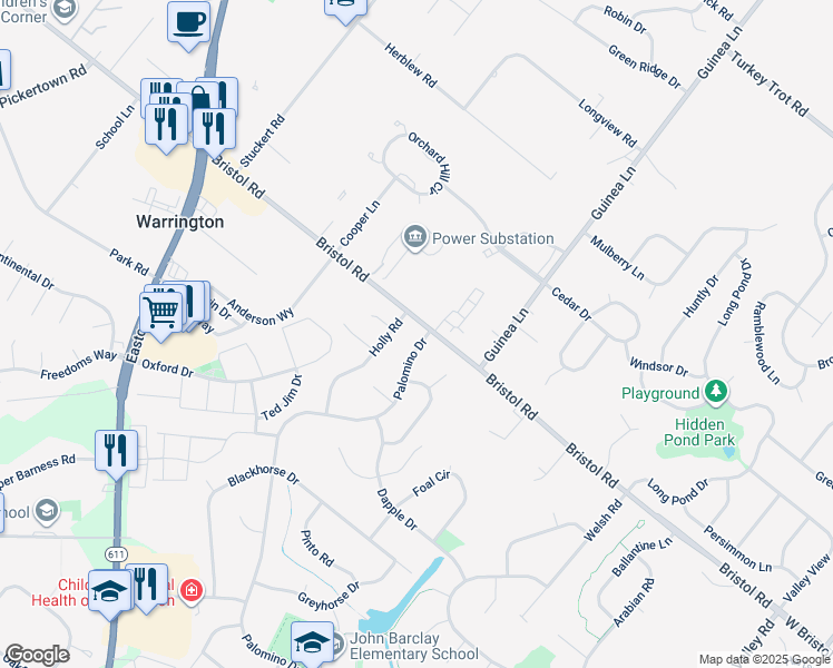 map of restaurants, bars, coffee shops, grocery stores, and more near 1318 Palomino Drive in Warrington