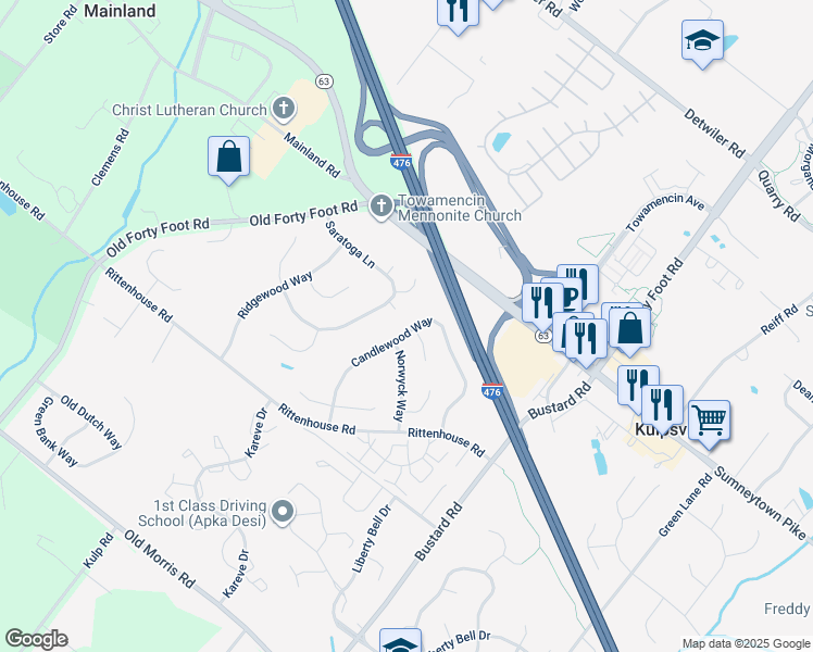map of restaurants, bars, coffee shops, grocery stores, and more near 307 Candlewood Way in Harleysville