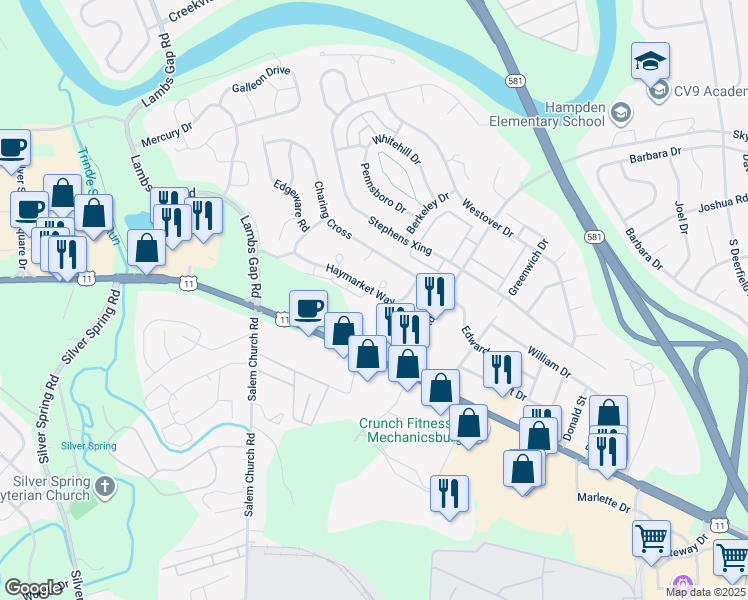 map of restaurants, bars, coffee shops, grocery stores, and more near 6127 Haymarket Way in Mechanicsburg