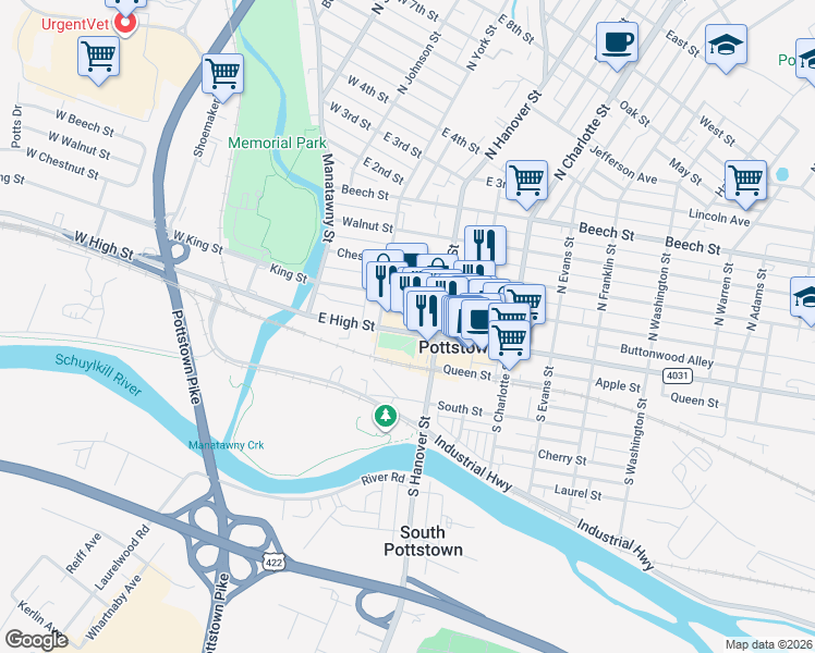 map of restaurants, bars, coffee shops, grocery stores, and more near 146 King Street in Pottstown