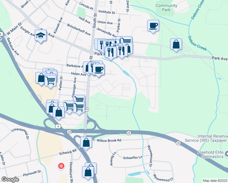 map of restaurants, bars, coffee shops, grocery stores, and more near 12107 Bainbridge Way in Freehold