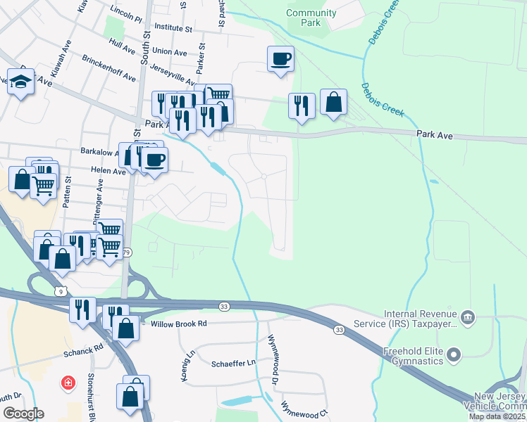 map of restaurants, bars, coffee shops, grocery stores, and more near 6 Stuart Drive in Freehold