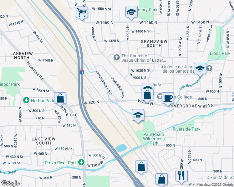 map of restaurants, bars, coffee shops, grocery stores, and more near 887 Park Ridge Way in Provo