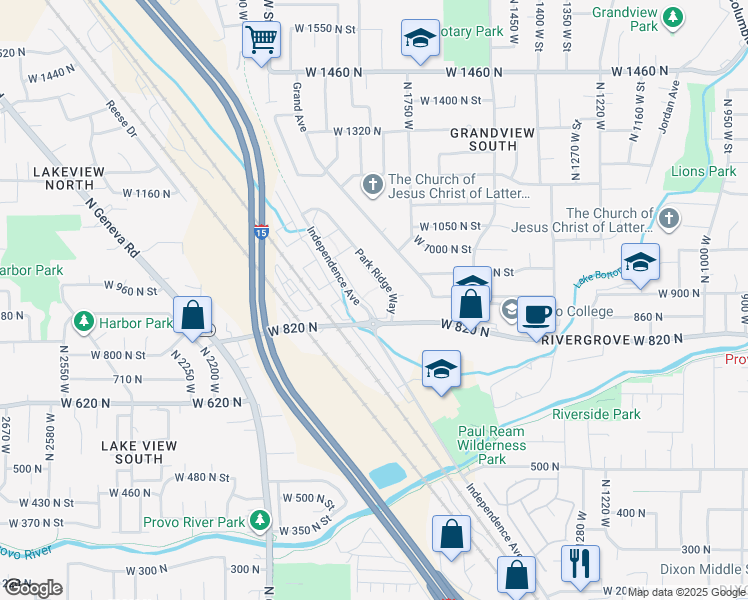 map of restaurants, bars, coffee shops, grocery stores, and more near 878 Independence Avenue in Provo