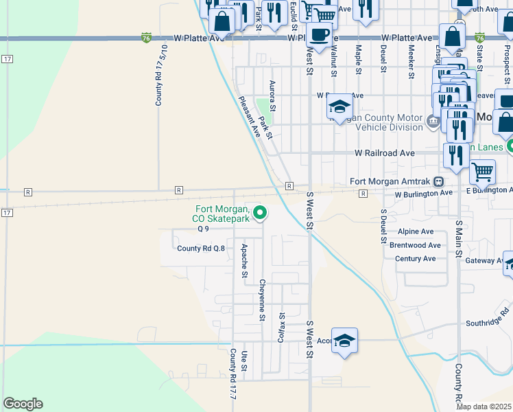 map of restaurants, bars, coffee shops, grocery stores, and more near 102 Lowell Place in Fort Morgan