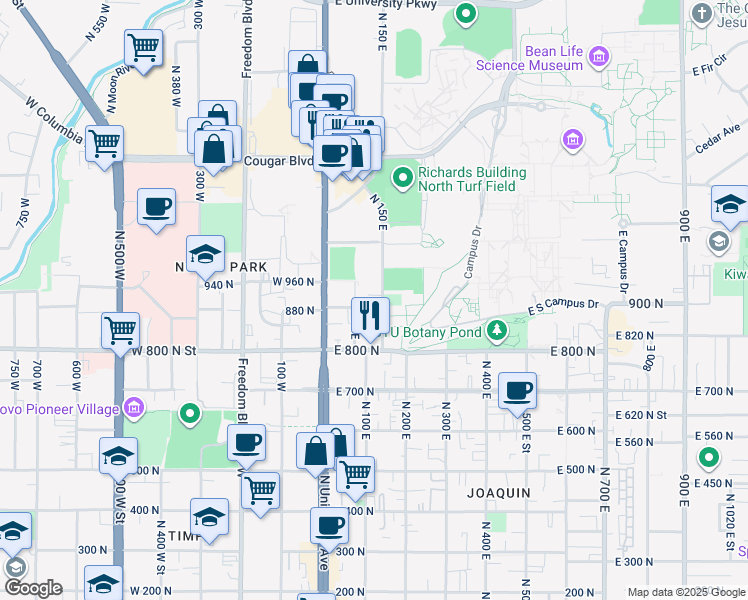 map of restaurants, bars, coffee shops, grocery stores, and more near 948 50 East in Provo