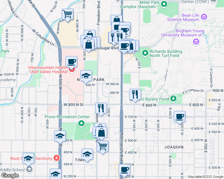 map of restaurants, bars, coffee shops, grocery stores, and more near 67 West 960 North in Provo