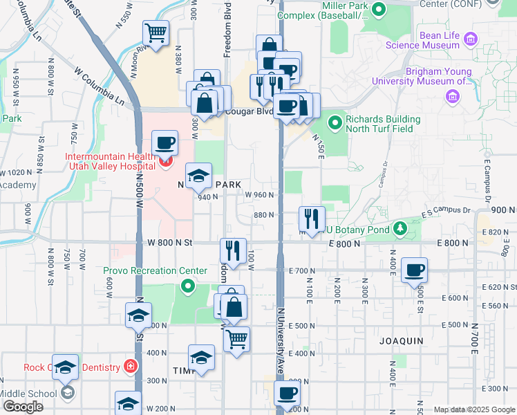 map of restaurants, bars, coffee shops, grocery stores, and more near 72 West 880 North Street in Provo