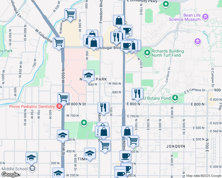 map of restaurants, bars, coffee shops, grocery stores, and more near 67 West 960 North in Provo