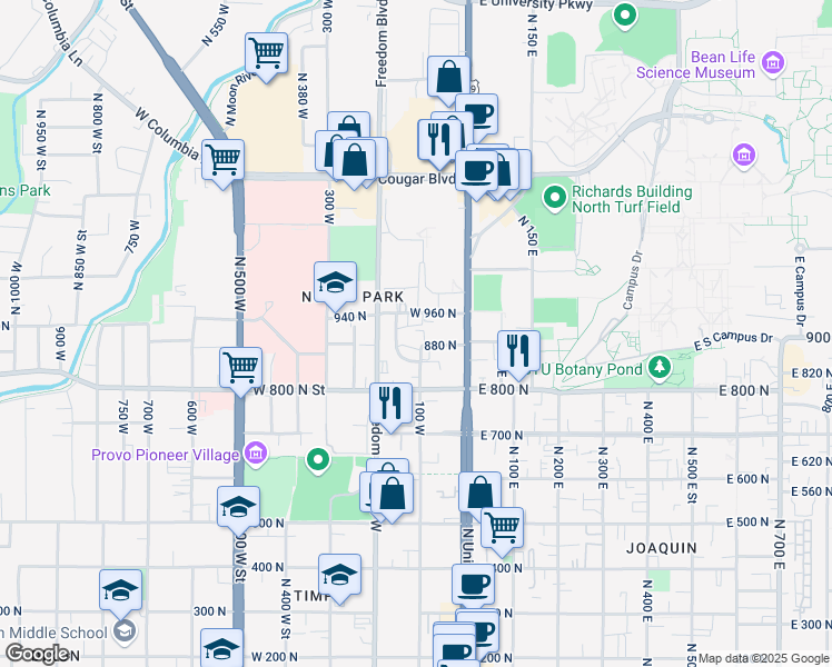 map of restaurants, bars, coffee shops, grocery stores, and more near 67 West 960 North in Provo