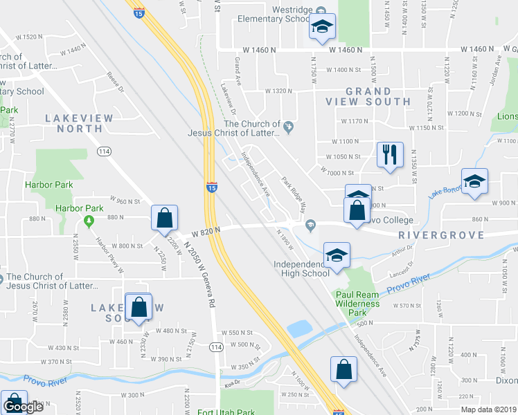 map of restaurants, bars, coffee shops, grocery stores, and more near 935 Independence Avenue in Provo