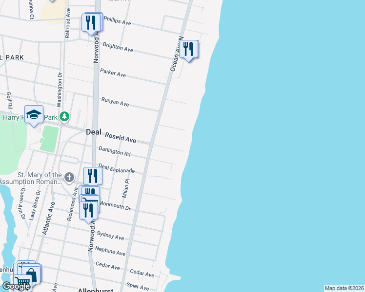 map of restaurants, bars, coffee shops, grocery stores, and more near 1 Roseld Avenue in Deal