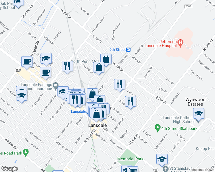 map of restaurants, bars, coffee shops, grocery stores, and more near 530 Walnut Street in Lansdale