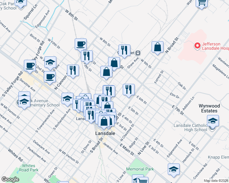 map of restaurants, bars, coffee shops, grocery stores, and more near 530 Walnut Street in Lansdale