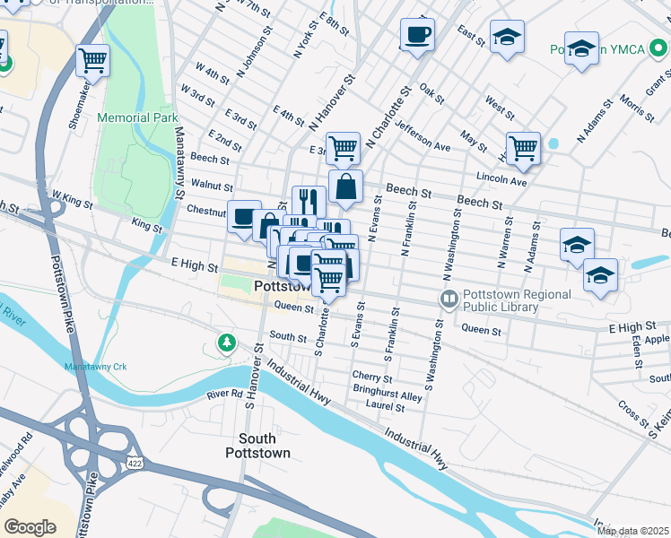 map of restaurants, bars, coffee shops, grocery stores, and more near 263 King Street in Pottstown