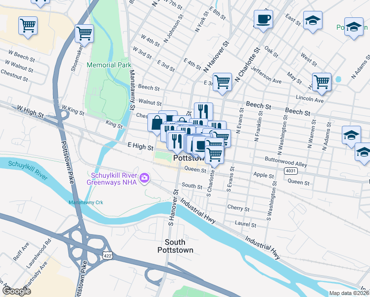 map of restaurants, bars, coffee shops, grocery stores, and more near 224 King Street in Pottstown