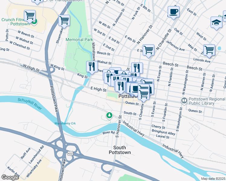 map of restaurants, bars, coffee shops, grocery stores, and more near 16 North York Street in Pottstown