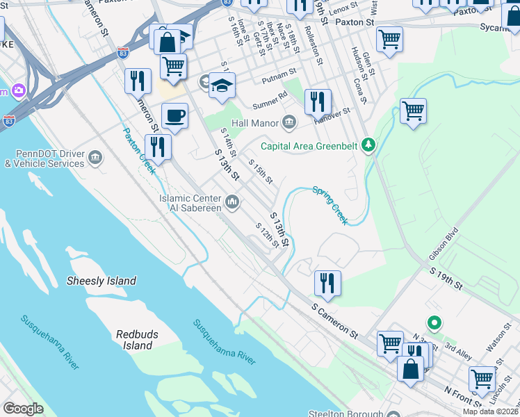 map of restaurants, bars, coffee shops, grocery stores, and more near 1445 South 13th Street in Harrisburg