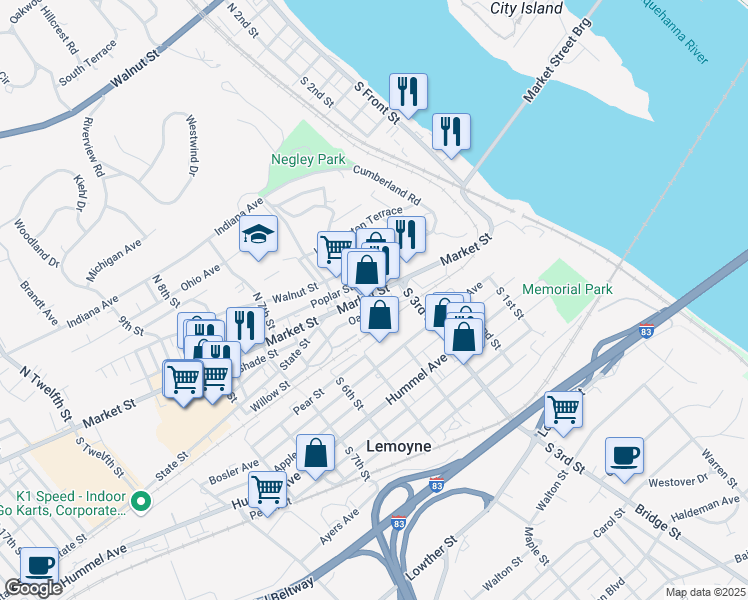 map of restaurants, bars, coffee shops, grocery stores, and more near in Lemoyne