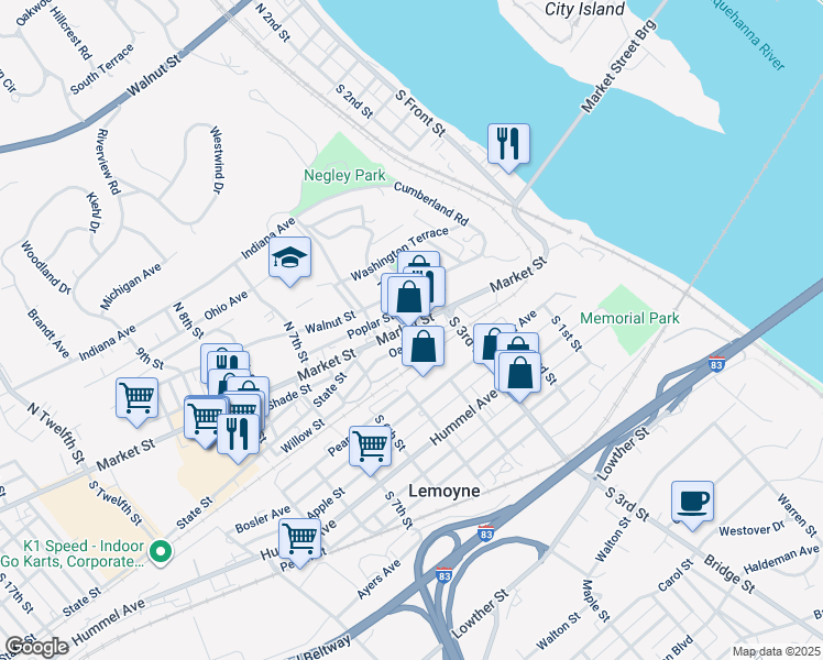 map of restaurants, bars, coffee shops, grocery stores, and more near 20 North 4th Street in Lemoyne