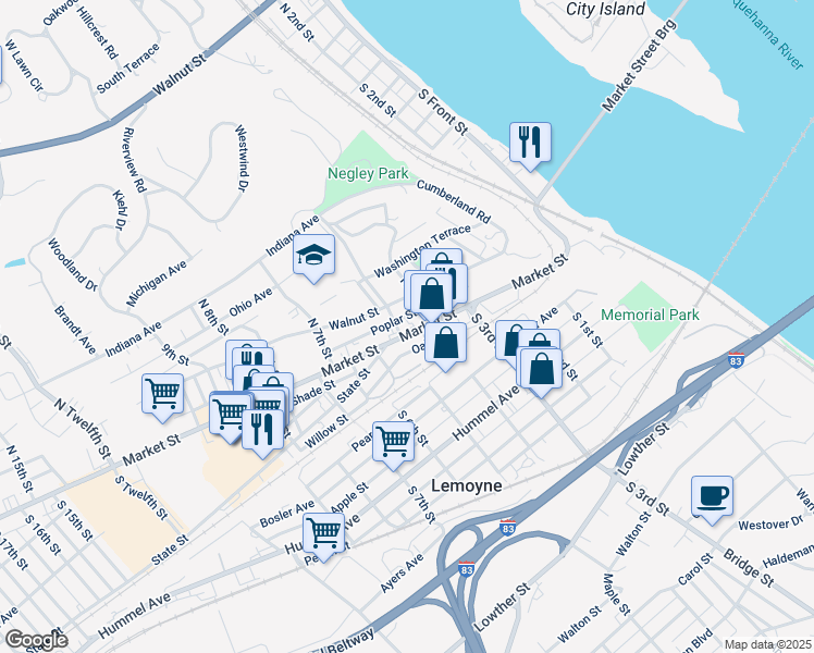 map of restaurants, bars, coffee shops, grocery stores, and more near 20 North 4th Street in Lemoyne