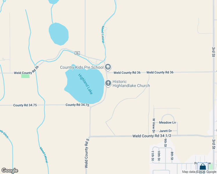 map of restaurants, bars, coffee shops, grocery stores, and more near 16896 County Road 5 in Mead