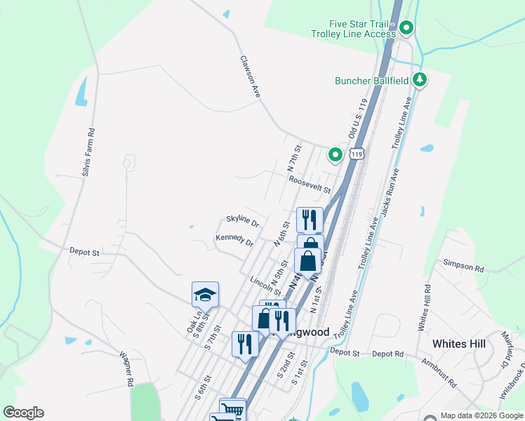 map of restaurants, bars, coffee shops, grocery stores, and more near 558 Sherwood Circle in Youngwood