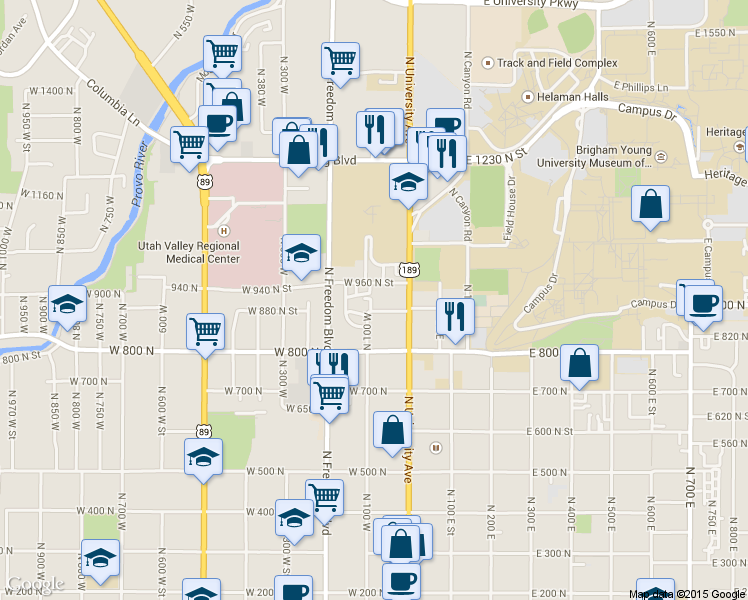 map of restaurants, bars, coffee shops, grocery stores, and more near 67 West 960 North in Provo