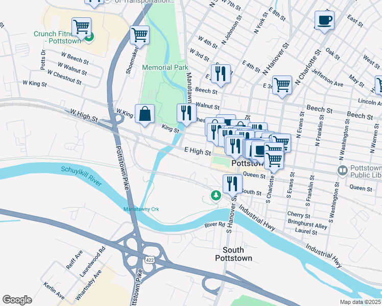 map of restaurants, bars, coffee shops, grocery stores, and more near 28 East High Street in Pottstown