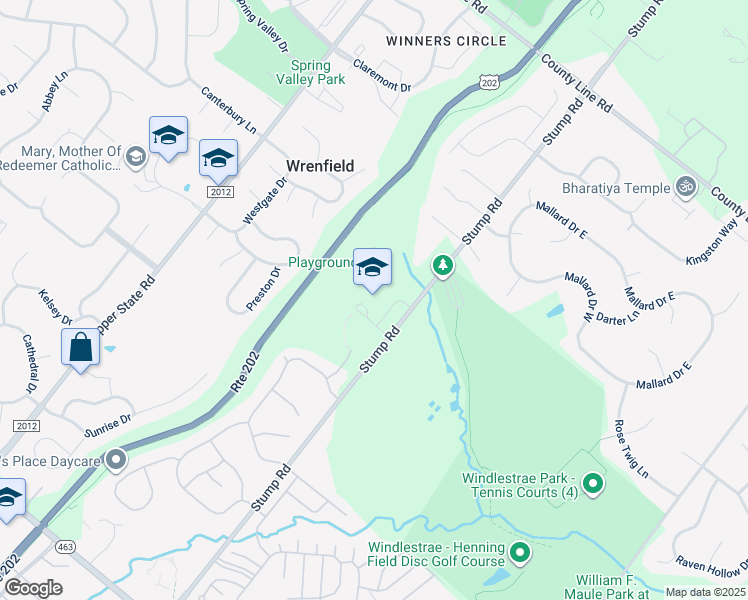 map of restaurants, bars, coffee shops, grocery stores, and more near 1221 Stump Road in North Wales