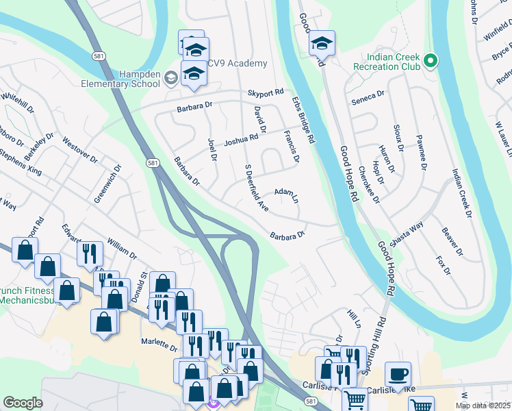 map of restaurants, bars, coffee shops, grocery stores, and more near 5116 South Deerfield Avenue in Mechanicsburg