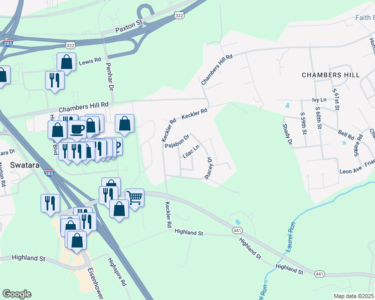 map of restaurants, bars, coffee shops, grocery stores, and more near 5030 Lilac Lane in Harrisburg