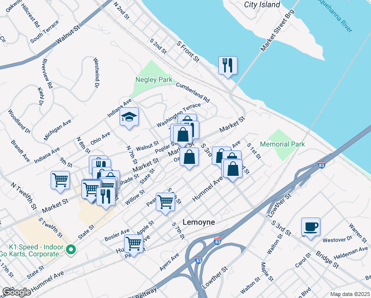 map of restaurants, bars, coffee shops, grocery stores, and more near 358 Market Street in Lemoyne
