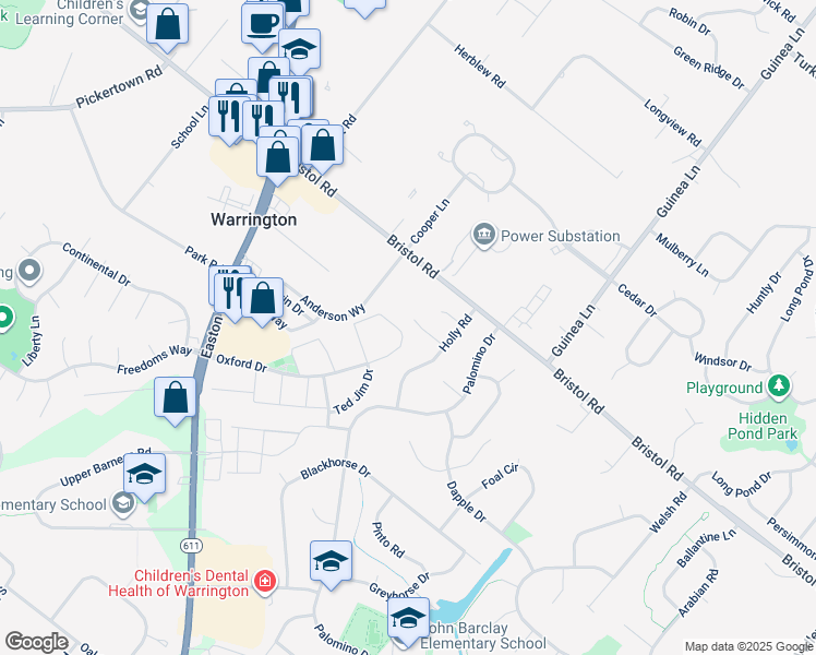 map of restaurants, bars, coffee shops, grocery stores, and more near 2196 Winterberry Court in Warrington
