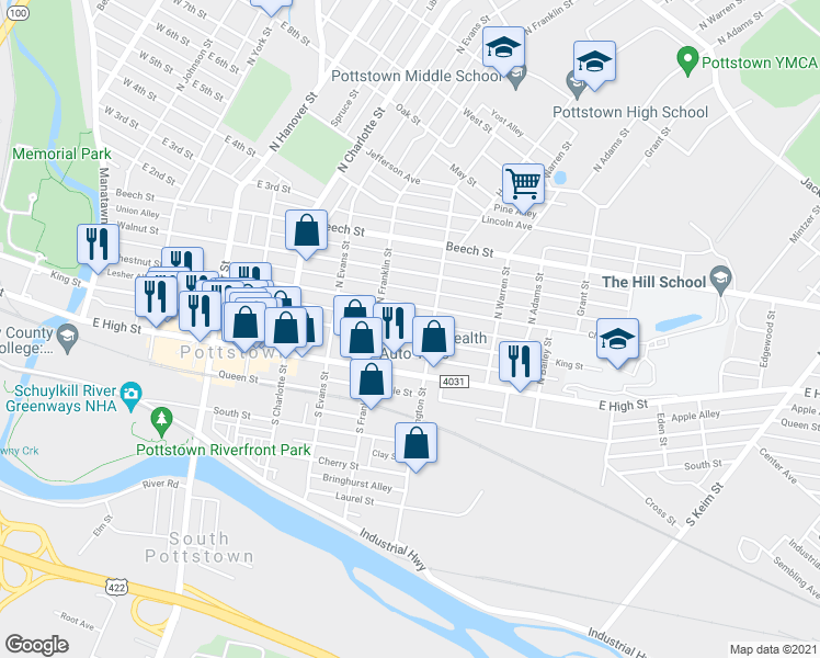 map of restaurants, bars, coffee shops, grocery stores, and more near 433 King Street in Pottstown