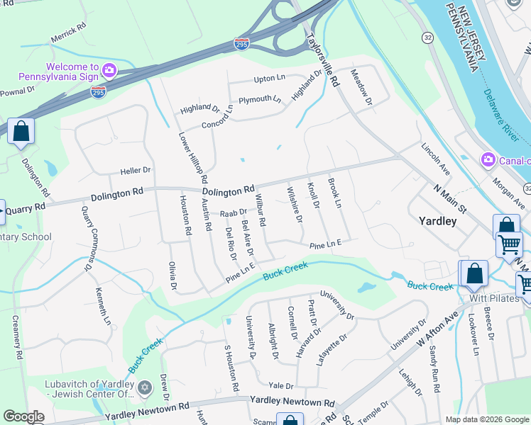 map of restaurants, bars, coffee shops, grocery stores, and more near 1272 Holly Court in Yardley