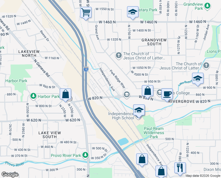 map of restaurants, bars, coffee shops, grocery stores, and more near 935 Independence Avenue in Provo