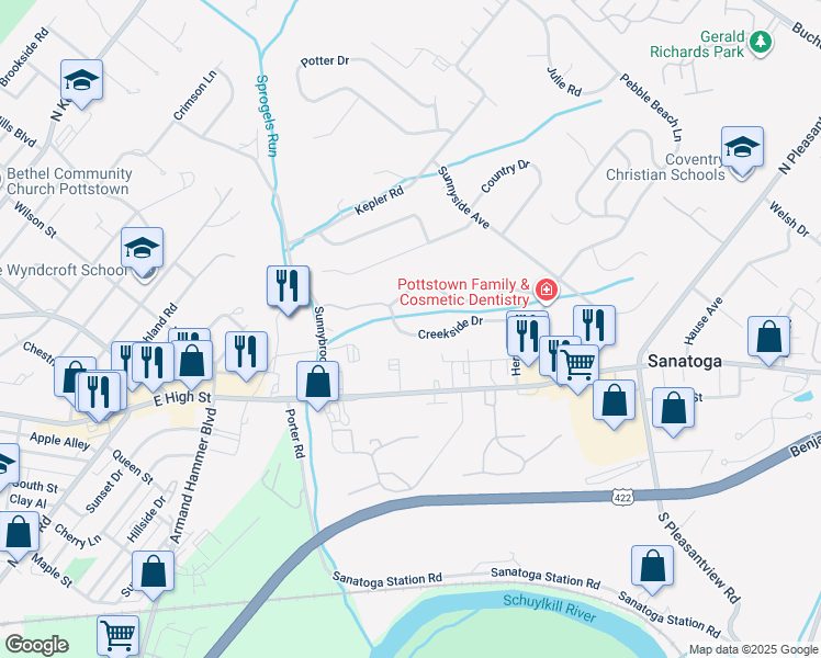 map of restaurants, bars, coffee shops, grocery stores, and more near 205 Creekside Drive in Pottstown