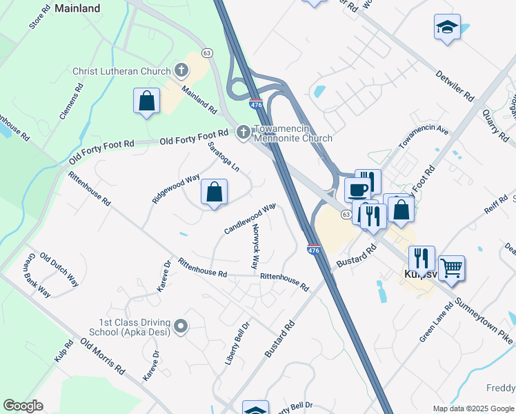 map of restaurants, bars, coffee shops, grocery stores, and more near 307 Candlewood Way in Harleysville